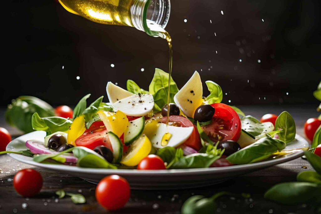 Piatto con insalata e olio di oliva, alimento tipico della dieta mediterranea