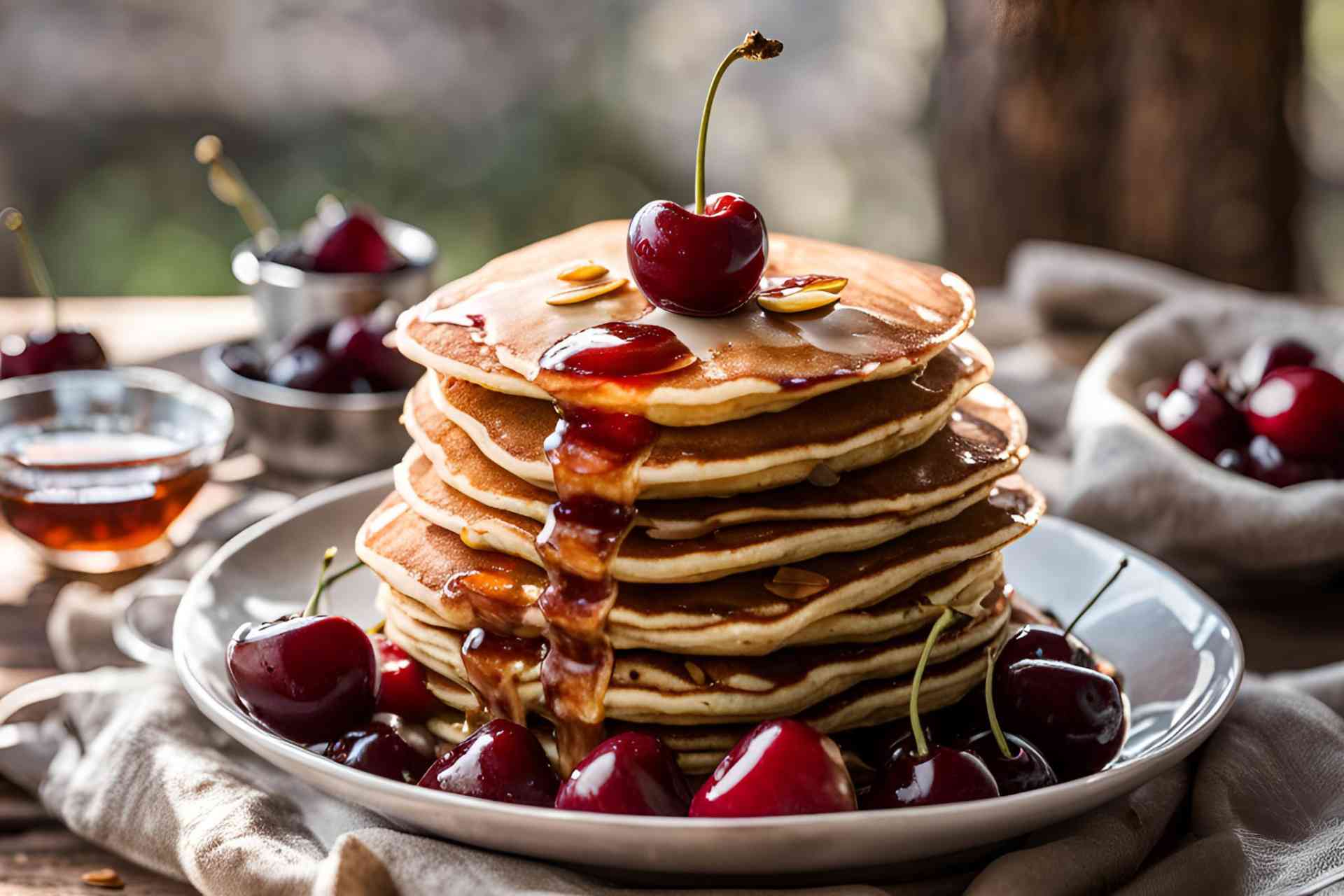 Pancakes, crema di mandorle 100% e ciliegie