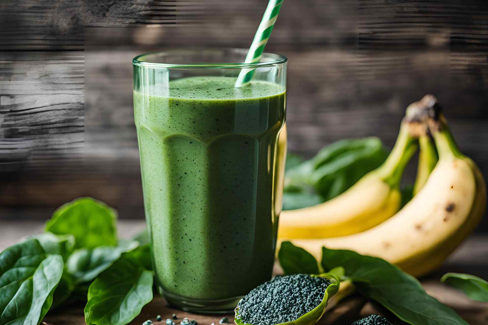 Smoothie con spirulina, banana, spinaci e semi oleosi