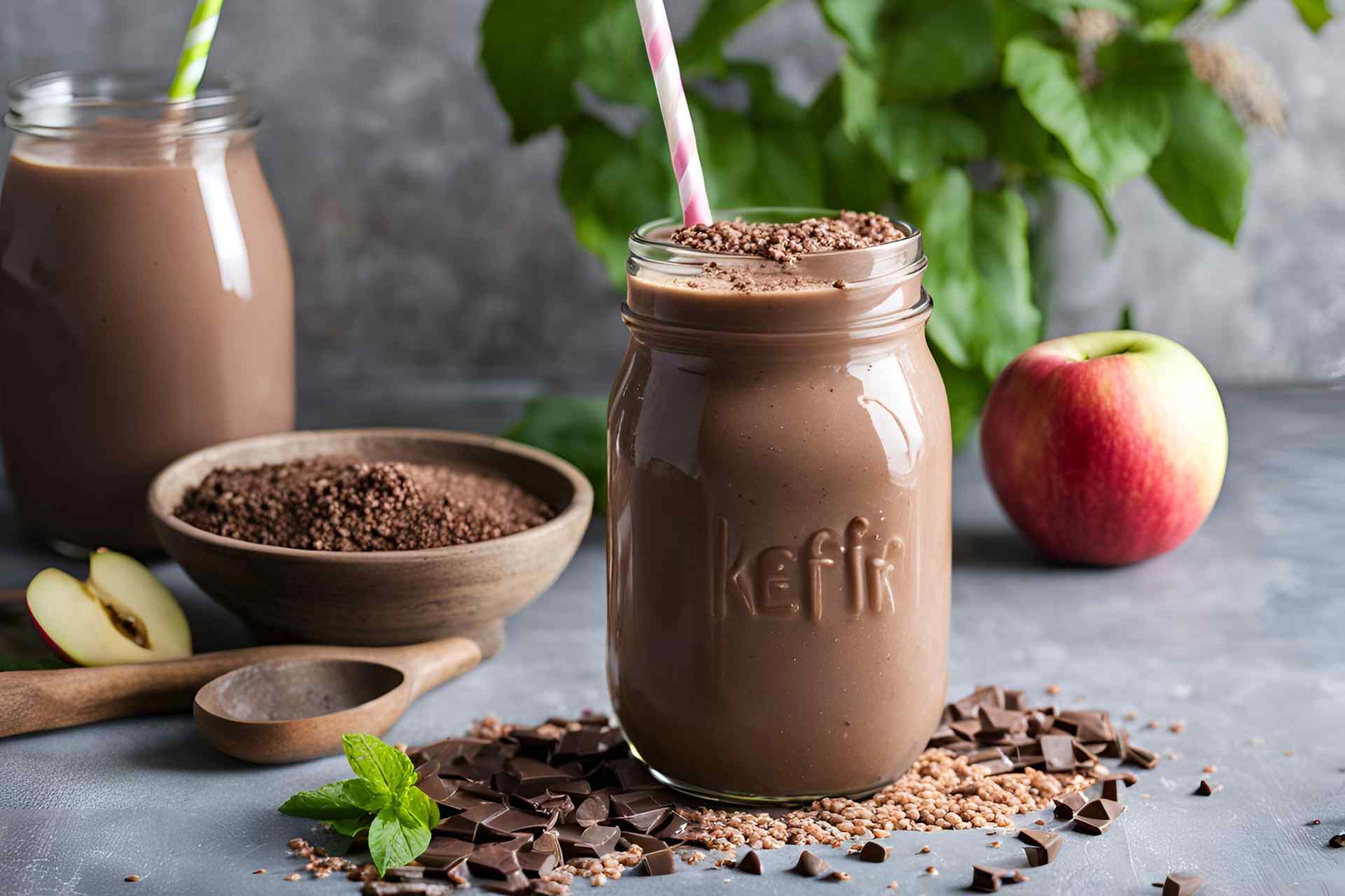 Frullato di kefir, cioccolato fondente, mela e semi di lino