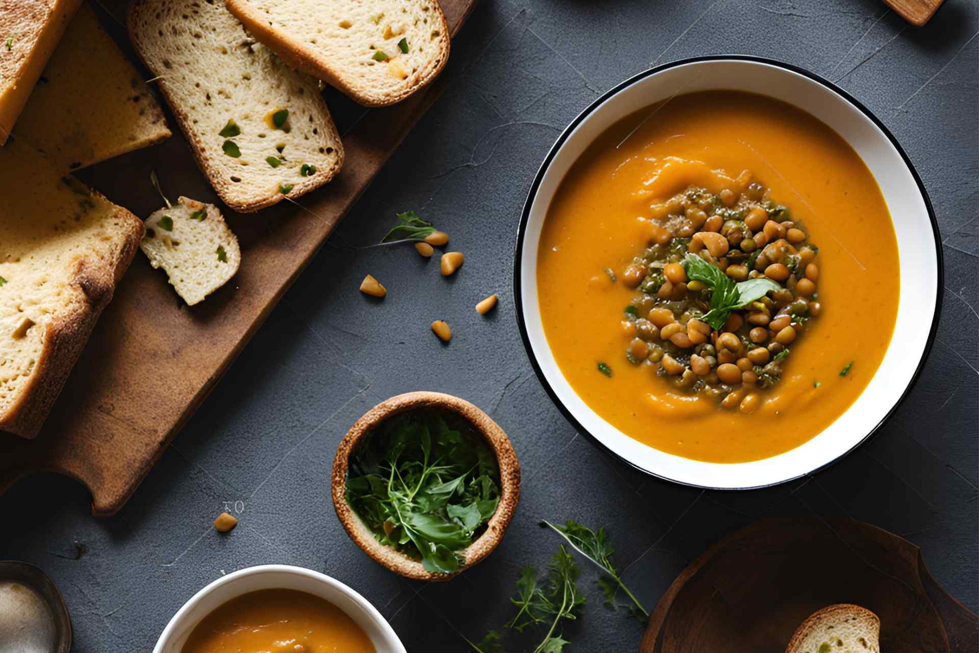 Zuppa di zucca e lenticchie decorticate con pezzi di pane integrale